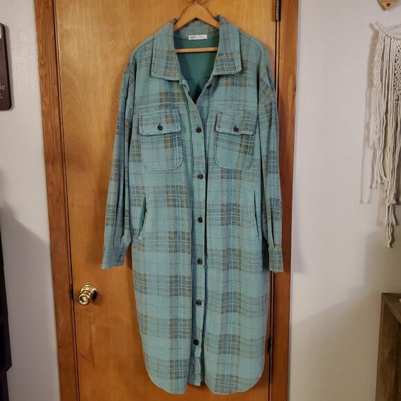 Free People Plaid Long Ruby Jacket Women's M Oversized Sage Combo EUC - Picture 5 of 9